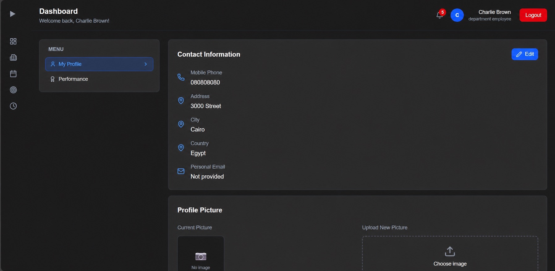 HR Management employee dashboard and profile screen