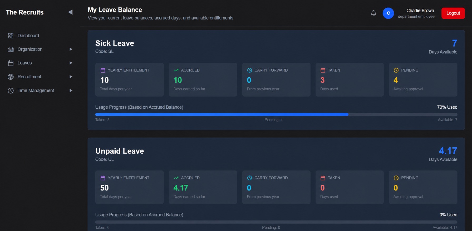 HR Management employee leave balance dashboard
