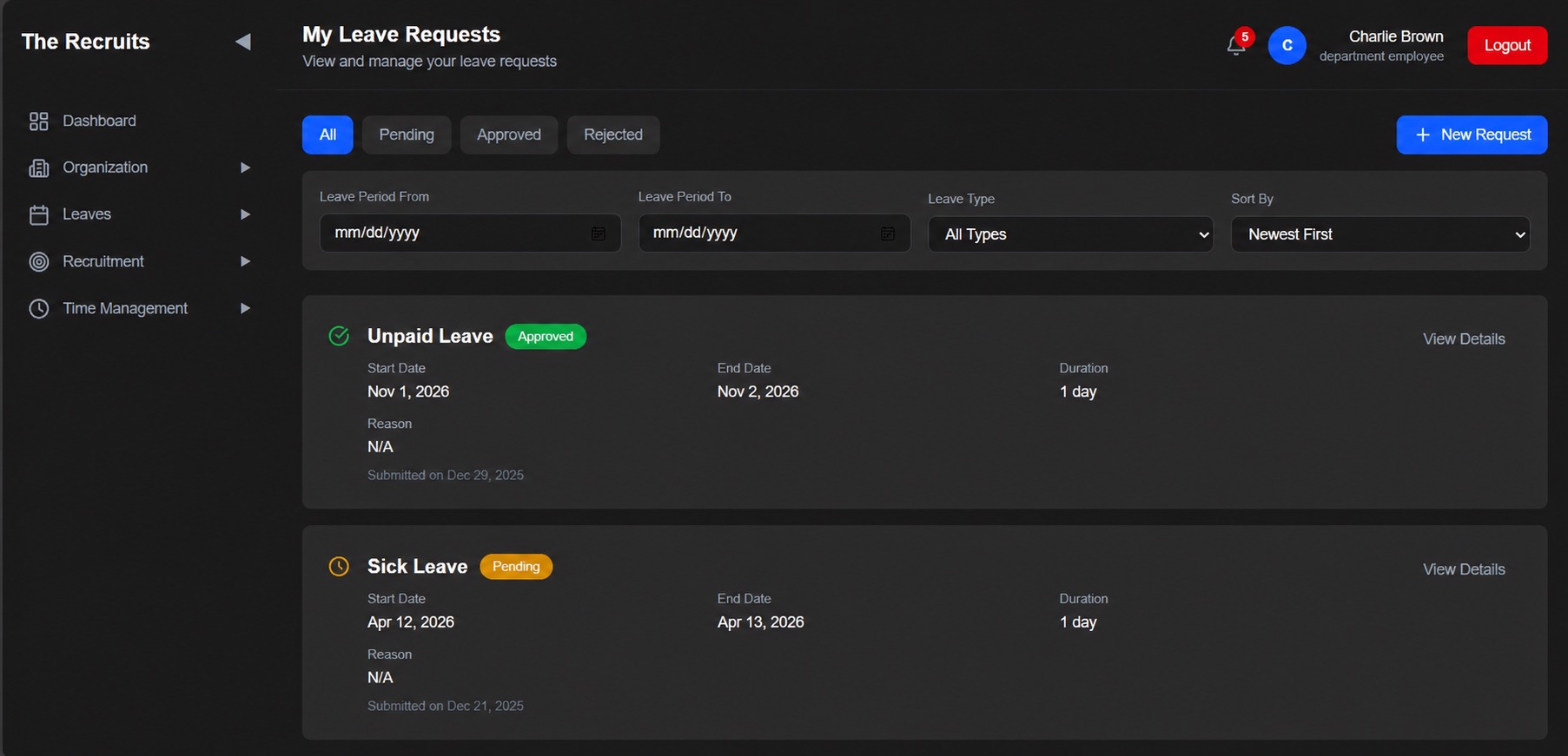 HR Management leave request management screen