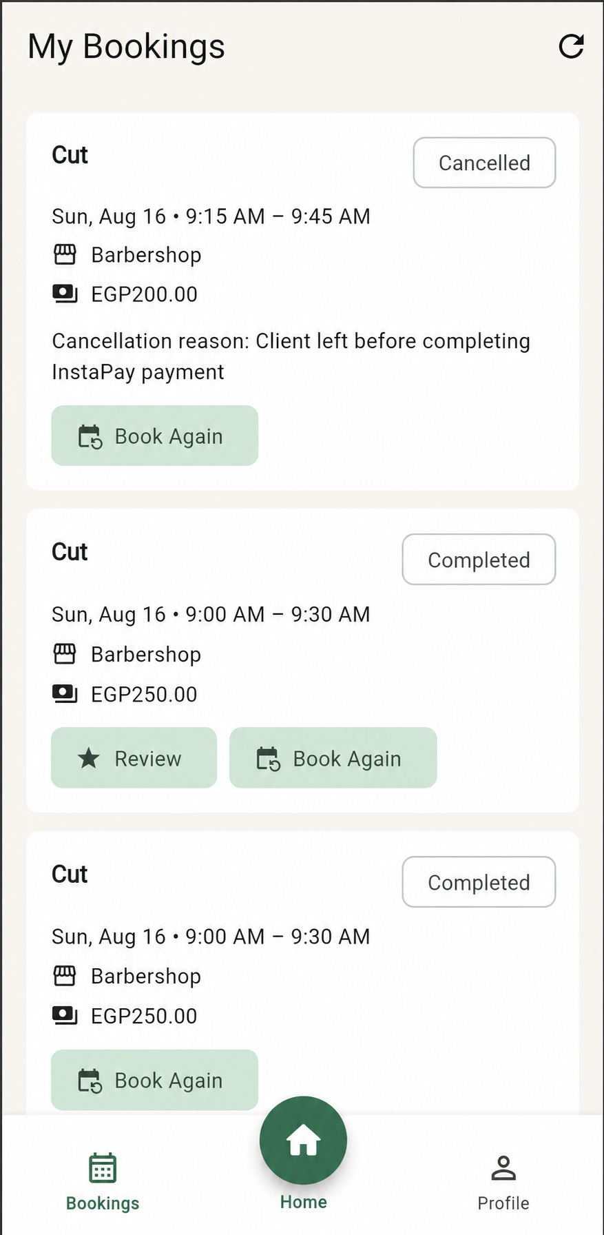 Salony customer booking history showing completed and cancelled bookings