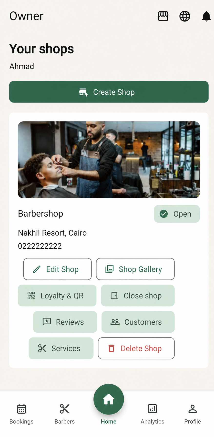 Salony owner dashboard showing shop management actions