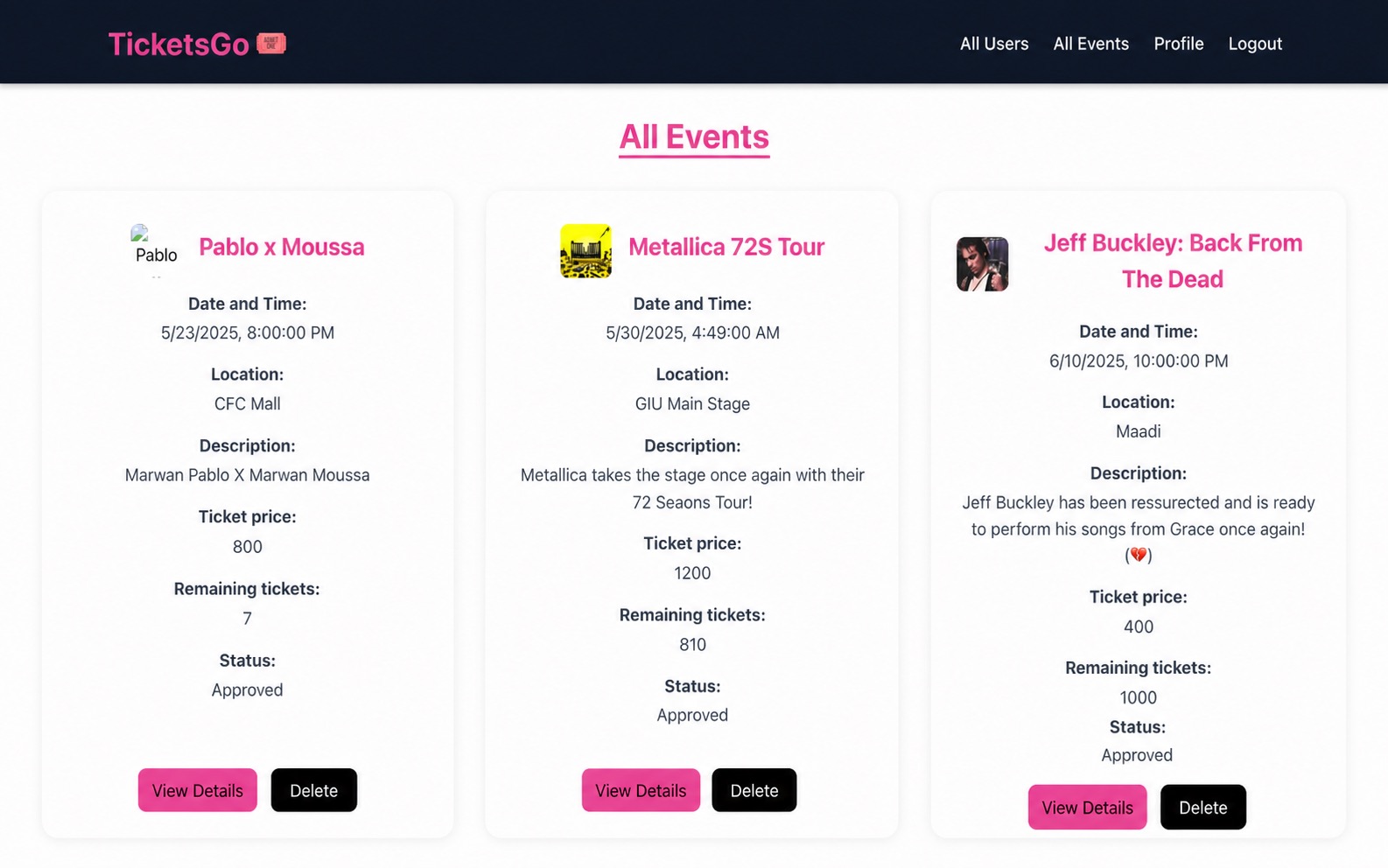 TicketsGo event discovery page showing available events