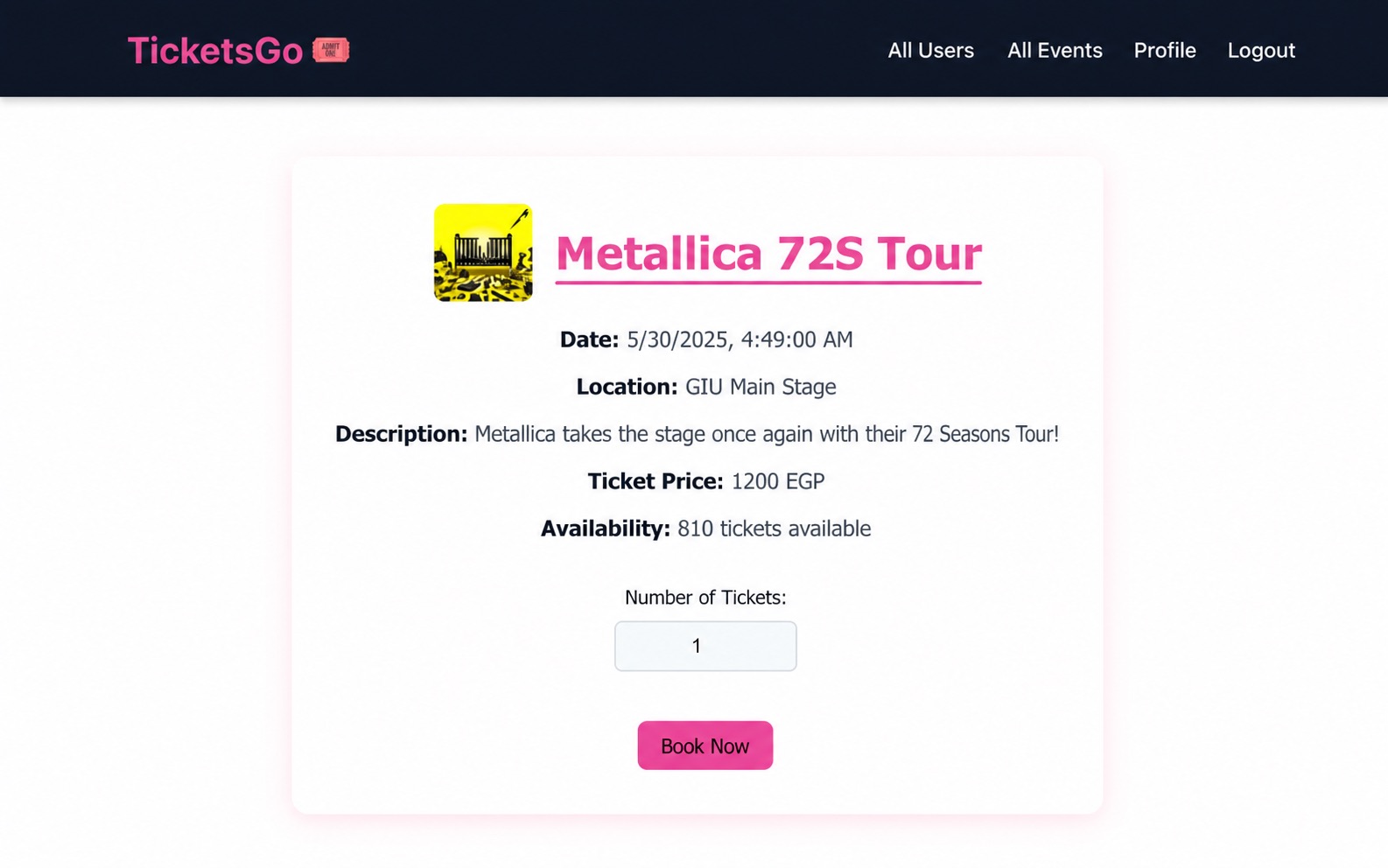 TicketsGo event details page showing ticket booking controls